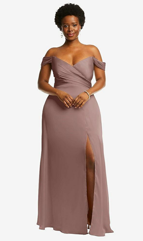 off-the-shoulder flounce sleeve empire waist gown with front slit