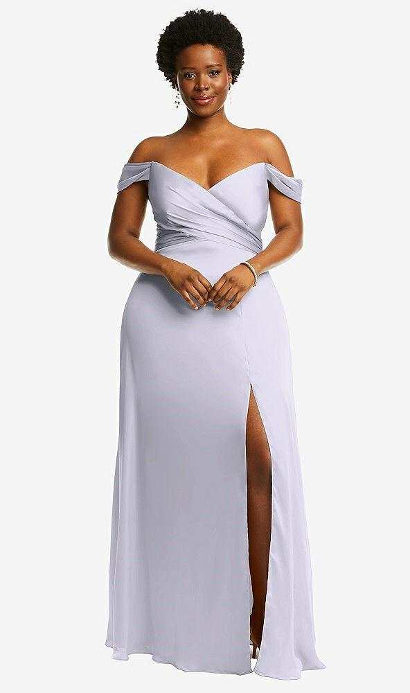 off-the-shoulder flounce sleeve empire waist gown with front slit