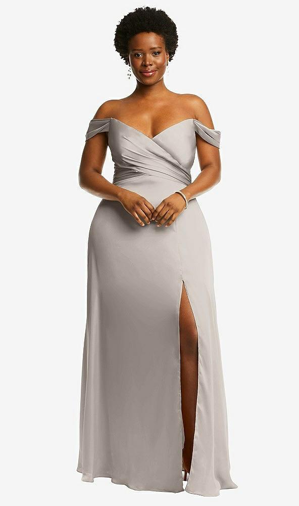 off-the-shoulder flounce sleeve empire waist gown with front slit