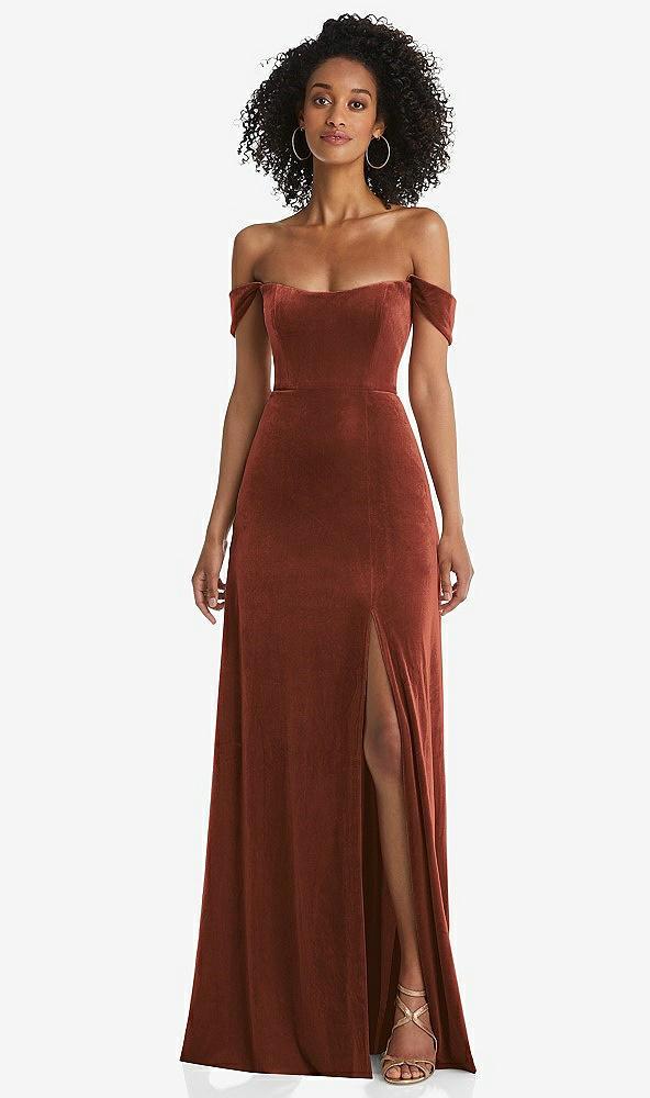off-the-shoulder flounce sleeve velvet maxi dress