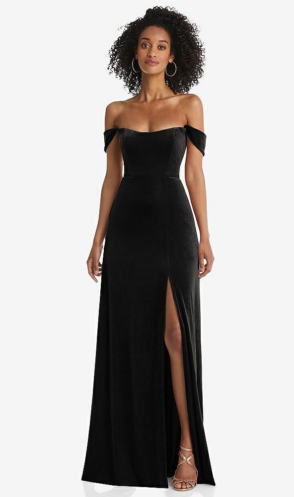 off-the-shoulder flounce sleeve velvet maxi dress