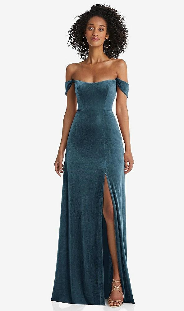 off-the-shoulder flounce sleeve velvet maxi dress