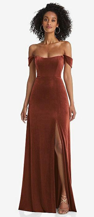 off-the-shoulder flounce sleeve velvet maxi dress