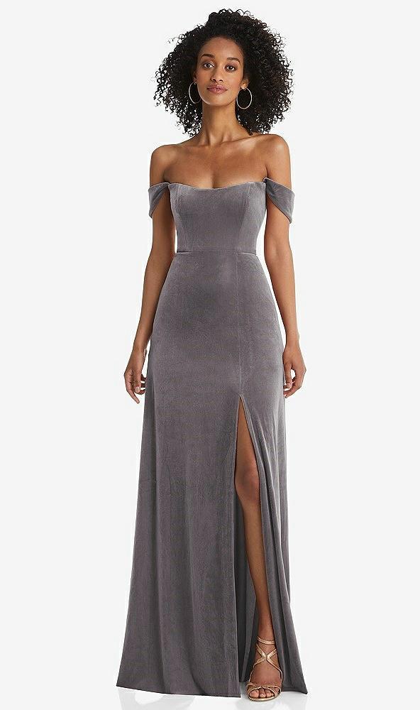 off-the-shoulder flounce sleeve velvet maxi dress