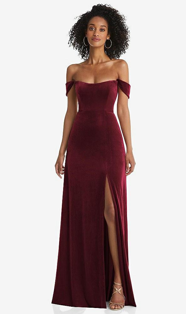 off-the-shoulder flounce sleeve velvet maxi dress