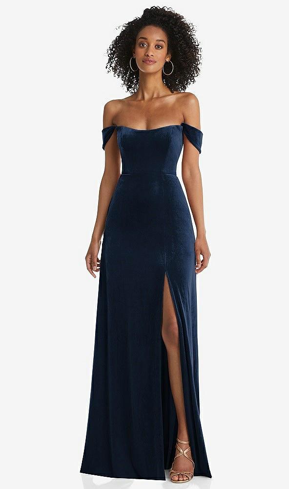 off-the-shoulder flounce sleeve velvet maxi dress