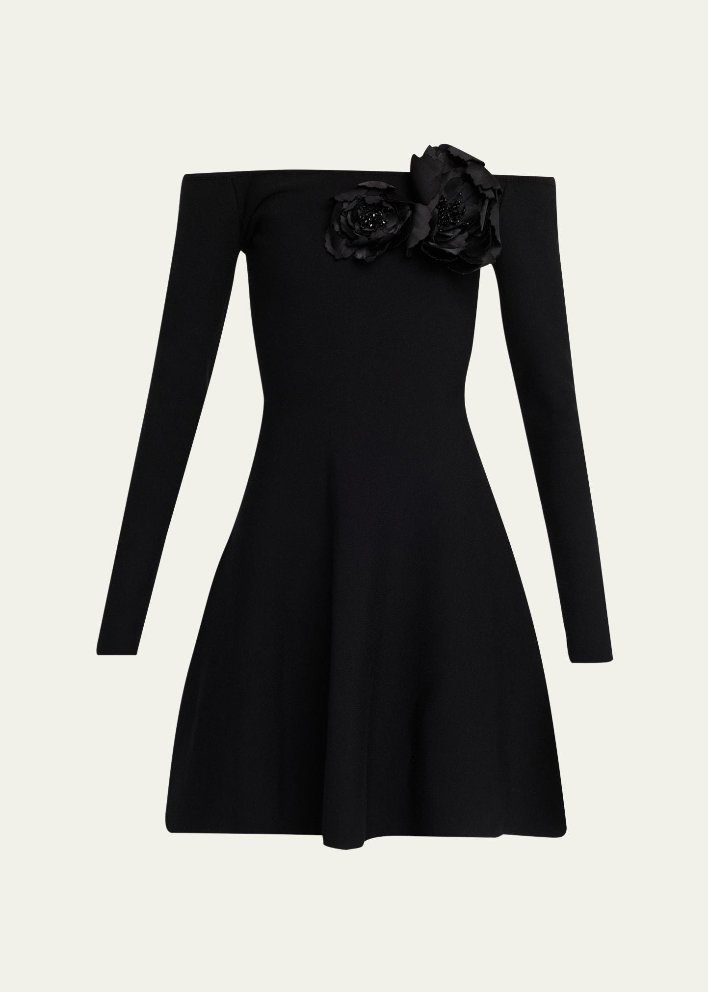 off-the-shoulder flower applique long-sleeve knit mini dress