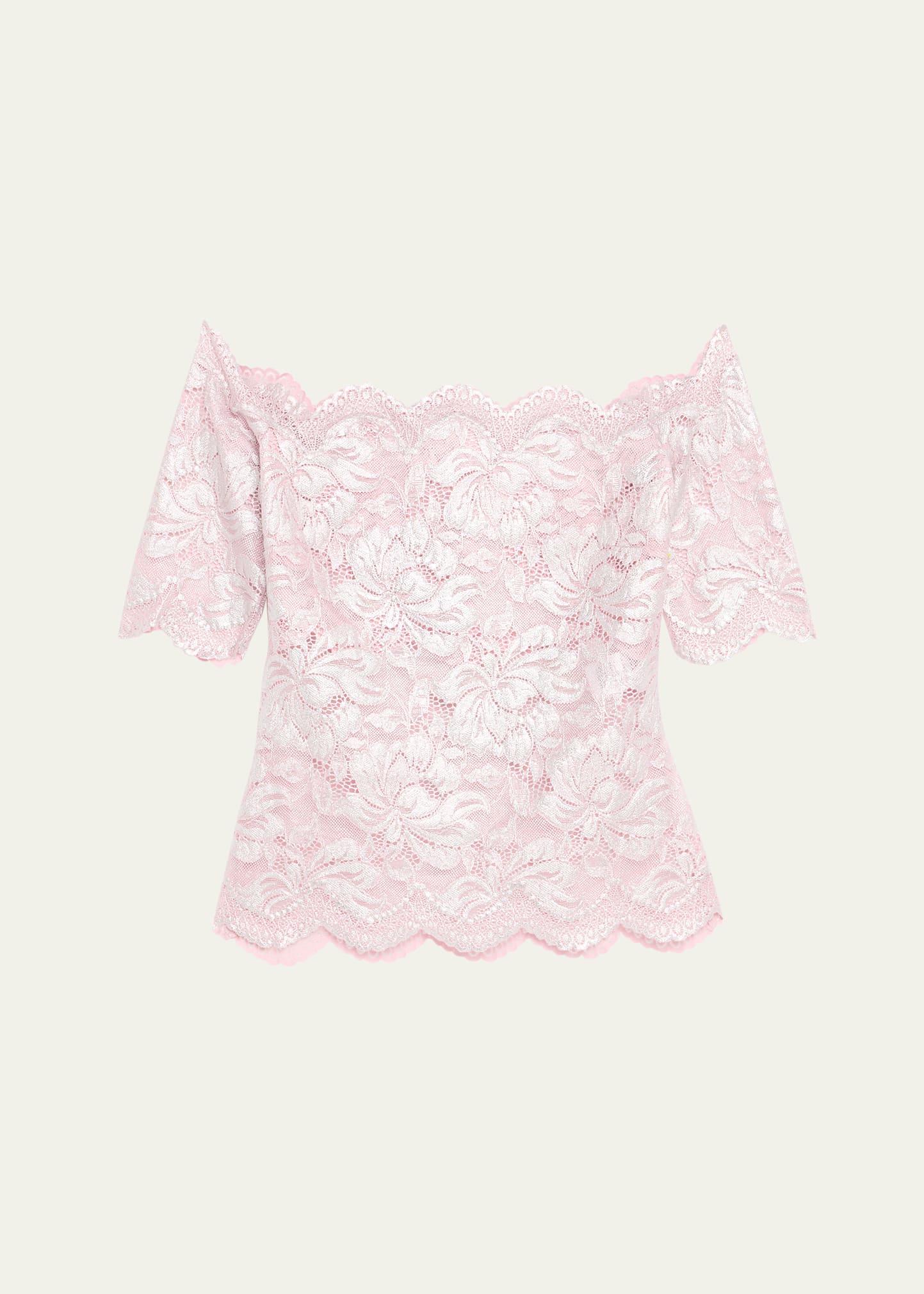 off-the-shoulder metallic lace top