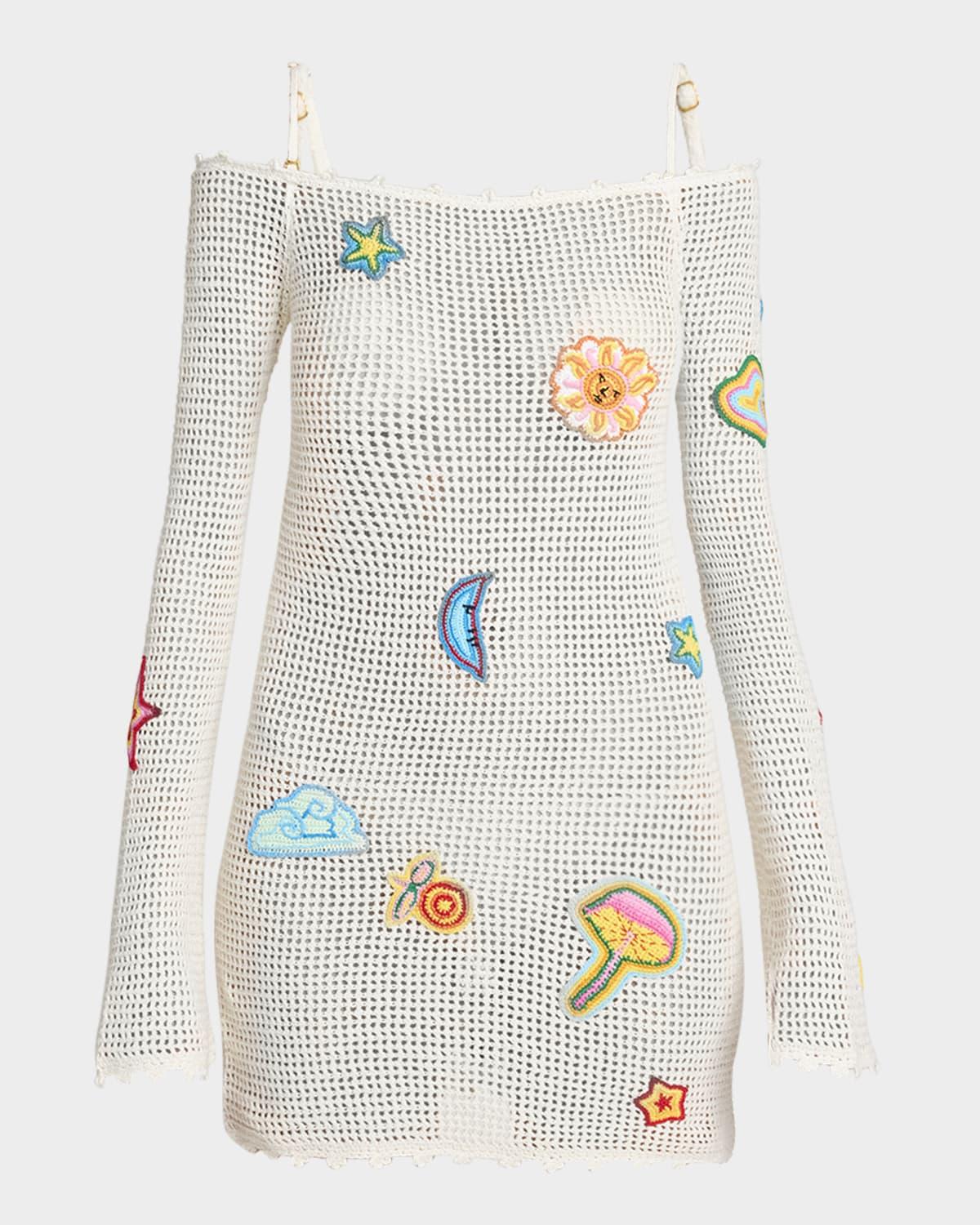 off-the-shoulder patched crochet knit mini dress