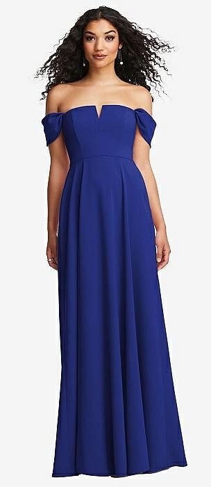 off-the-shoulder pleated cap sleeve a-line maxi dress