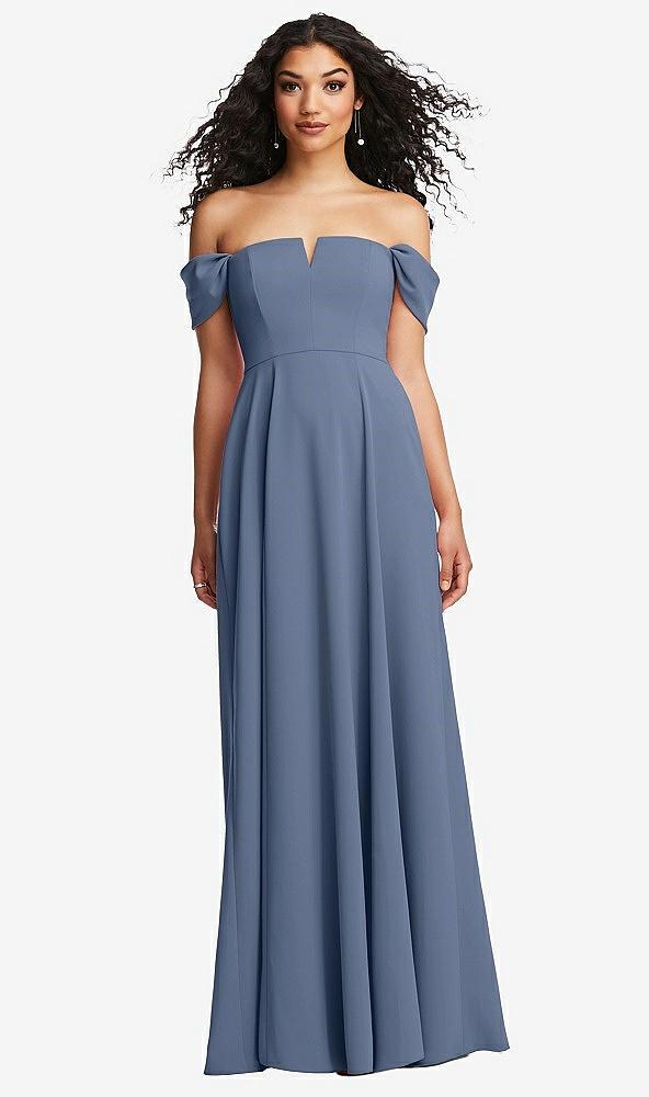 off-the-shoulder pleated cap sleeve a-line maxi dress
