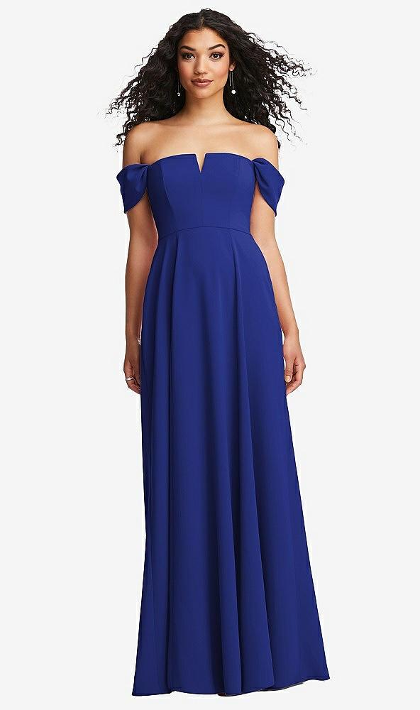 off-the-shoulder pleated cap sleeve a-line maxi dress