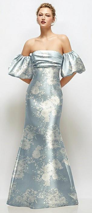 off-the-shoulder puff sleeve floral satin maxi dress with flared skirt