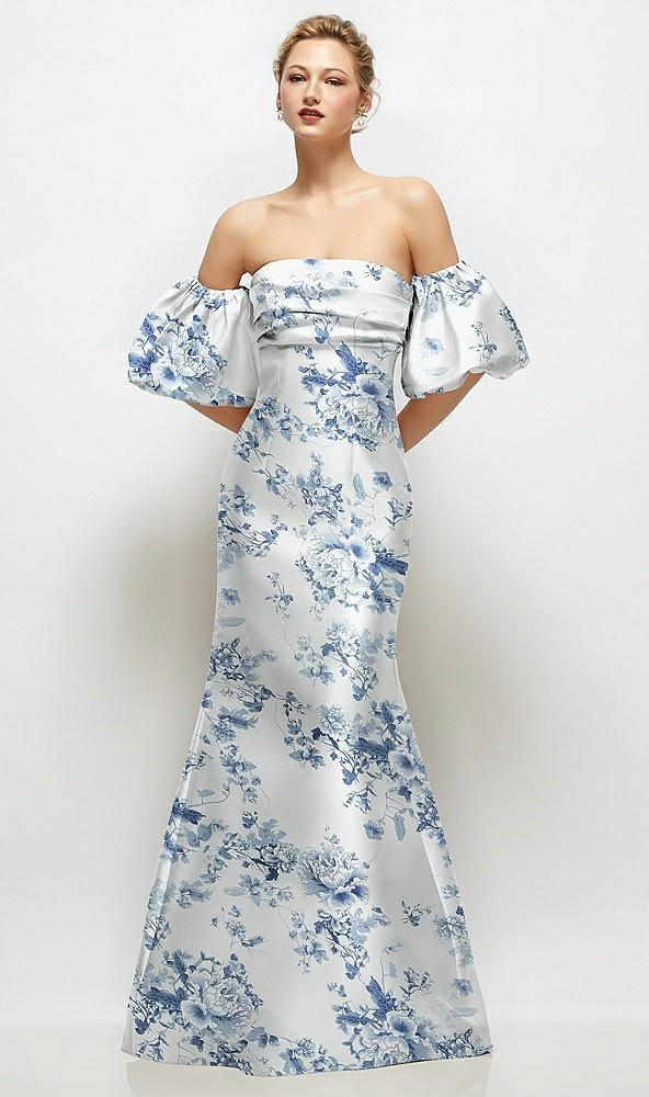 off-the-shoulder puff sleeve floral satin maxi dress with flared skirt