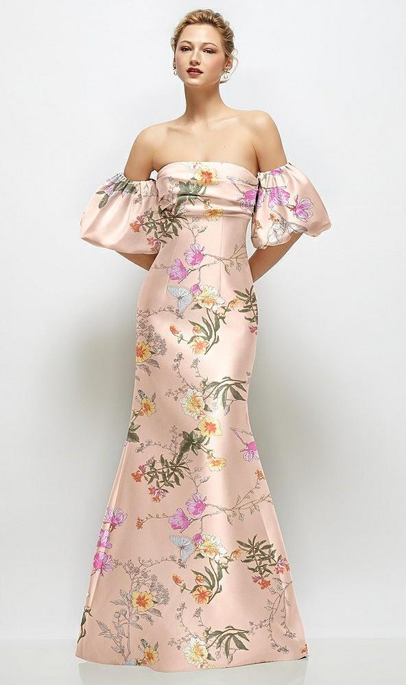 off-the-shoulder puff sleeve floral satin maxi dress with flared skirt