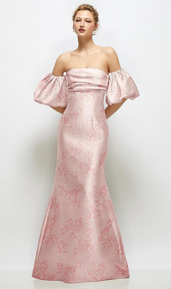 off-the-shoulder puff sleeve floral satin maxi dress with flared skirt