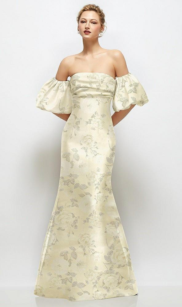 off-the-shoulder puff sleeve floral satin maxi dress with flared skirt