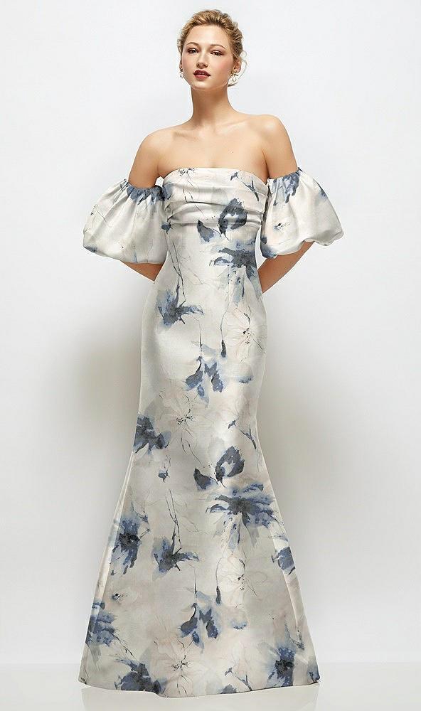 off-the-shoulder puff sleeve floral satin maxi dress with flared skirt