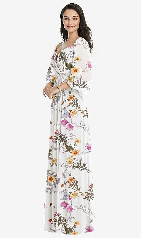 off-the-shoulder puff sleeve maxi dress with front slit