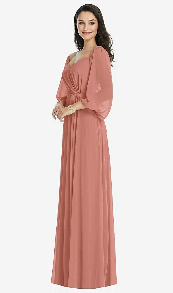 off-the-shoulder puff sleeve maxi dress with front slit
