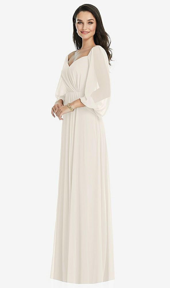 off-the-shoulder puff sleeve maxi dress with front slit