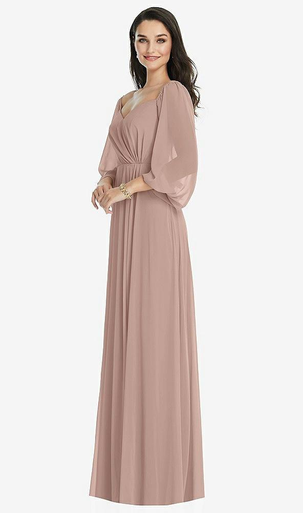 off-the-shoulder puff sleeve maxi dress with front slit