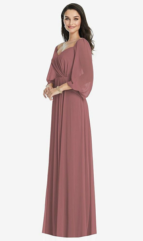 off-the-shoulder puff sleeve maxi dress with front slit