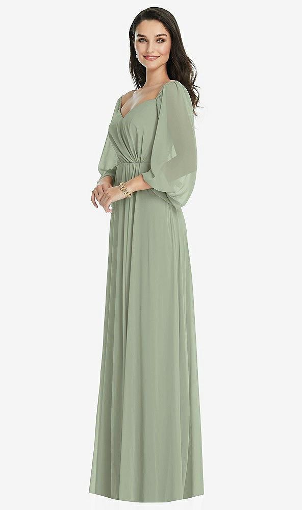 off-the-shoulder puff sleeve maxi dress with front slit