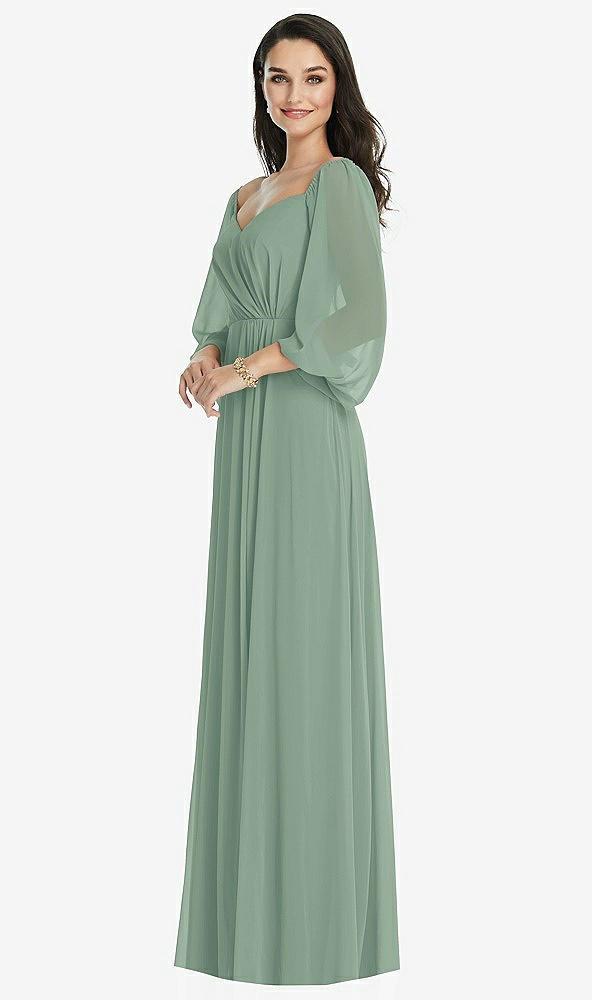 off-the-shoulder puff sleeve maxi dress with front slit