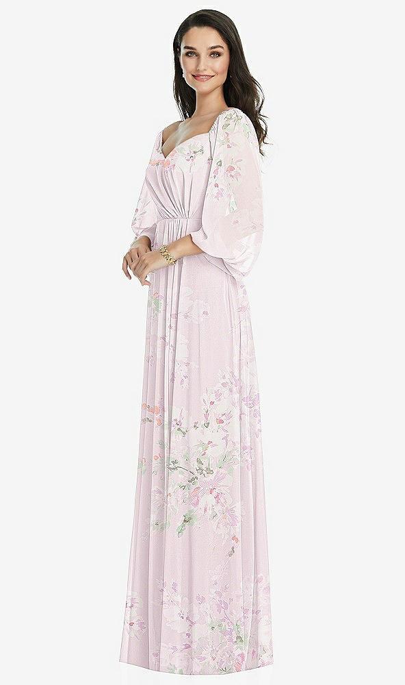 off-the-shoulder puff sleeve maxi dress with front slit