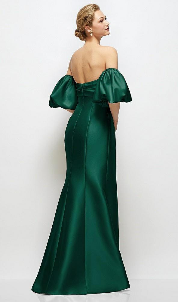 off-the-shoulder puff sleeve satin maxi dress with flared skirt