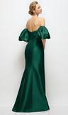 off-the-shoulder puff sleeve satin maxi dress with flared skirt