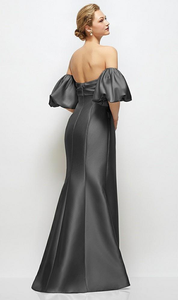 off-the-shoulder puff sleeve satin maxi dress with flared skirt