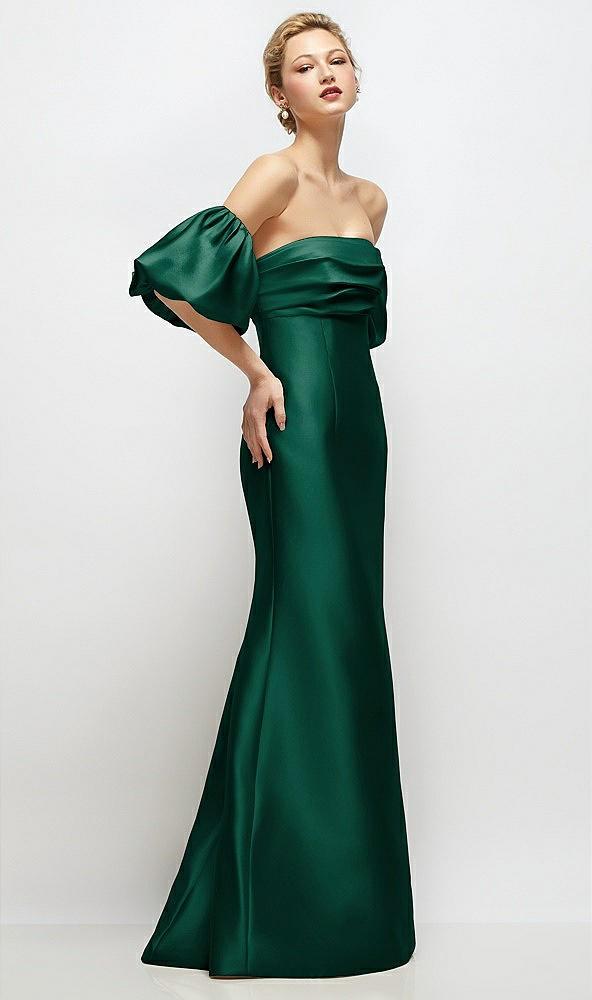 off-the-shoulder puff sleeve satin maxi dress with flared skirt