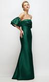 off-the-shoulder puff sleeve satin maxi dress with flared skirt