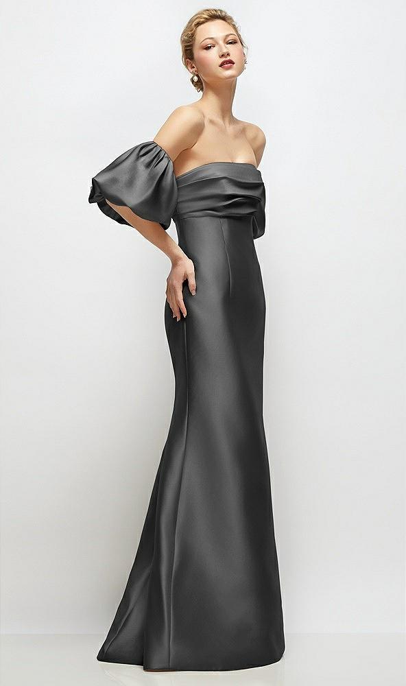 off-the-shoulder puff sleeve satin maxi dress with flared skirt