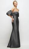 off-the-shoulder puff sleeve satin maxi dress with flared skirt