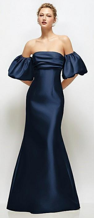 off-the-shoulder puff sleeve satin maxi dress with flared skirt