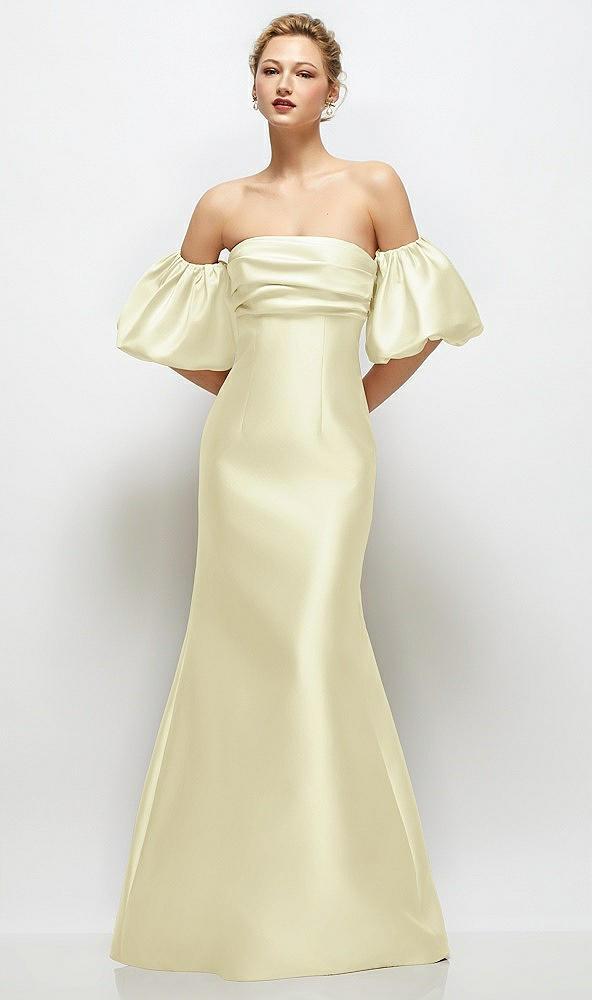 off-the-shoulder puff sleeve satin maxi dress with flared skirt