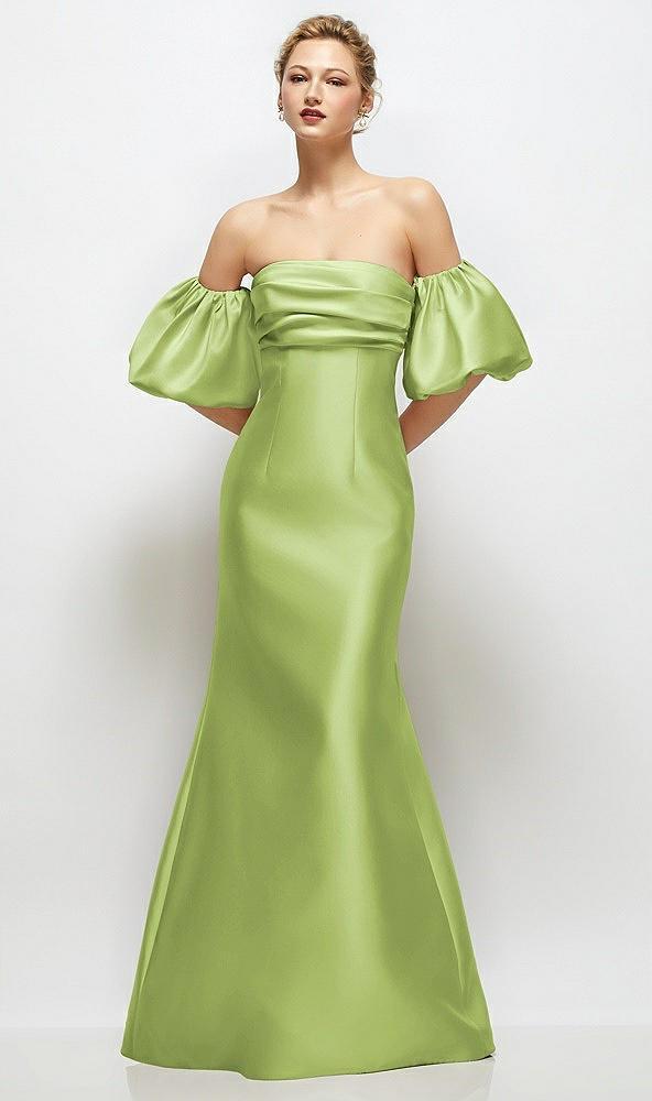 off-the-shoulder puff sleeve satin maxi dress with flared skirt