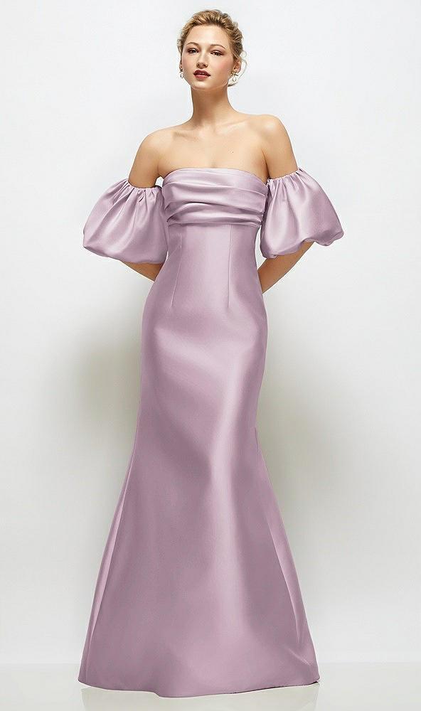 off-the-shoulder puff sleeve satin maxi dress with flared skirt