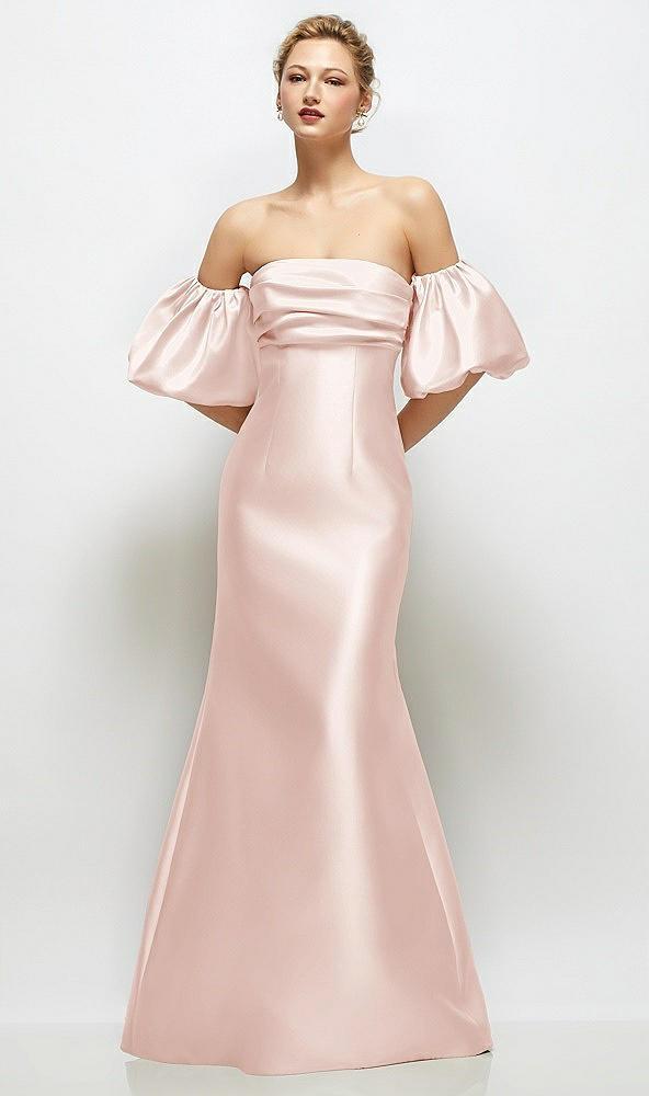 off-the-shoulder puff sleeve satin maxi dress with flared skirt