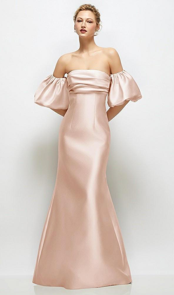 off-the-shoulder puff sleeve satin maxi dress with flared skirt
