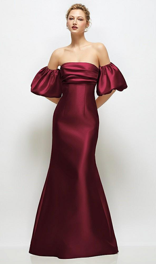 off-the-shoulder puff sleeve satin maxi dress with flared skirt