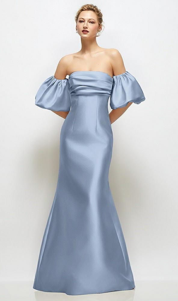 off-the-shoulder puff sleeve satin maxi dress with flared skirt