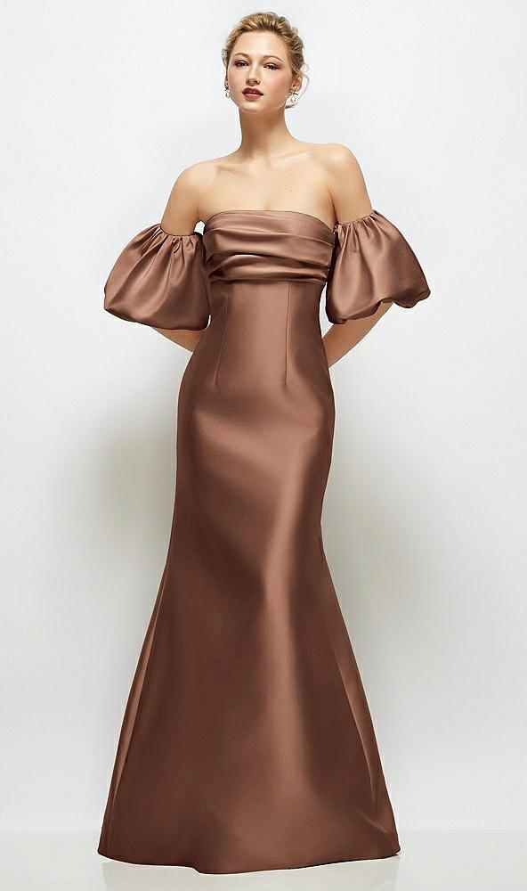 off-the-shoulder puff sleeve satin maxi dress with flared skirt