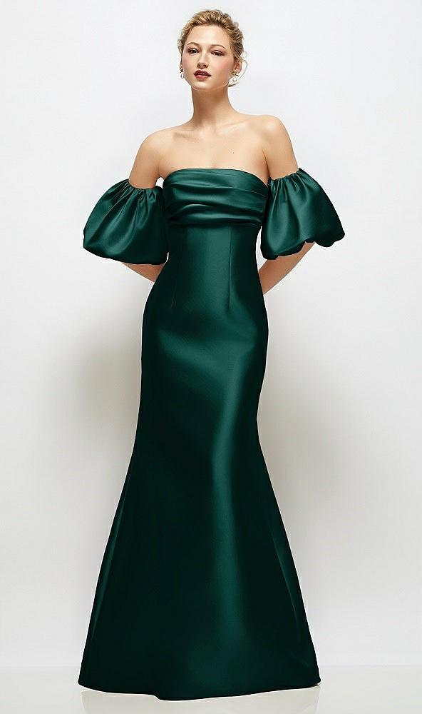 off-the-shoulder puff sleeve satin maxi dress with flared skirt