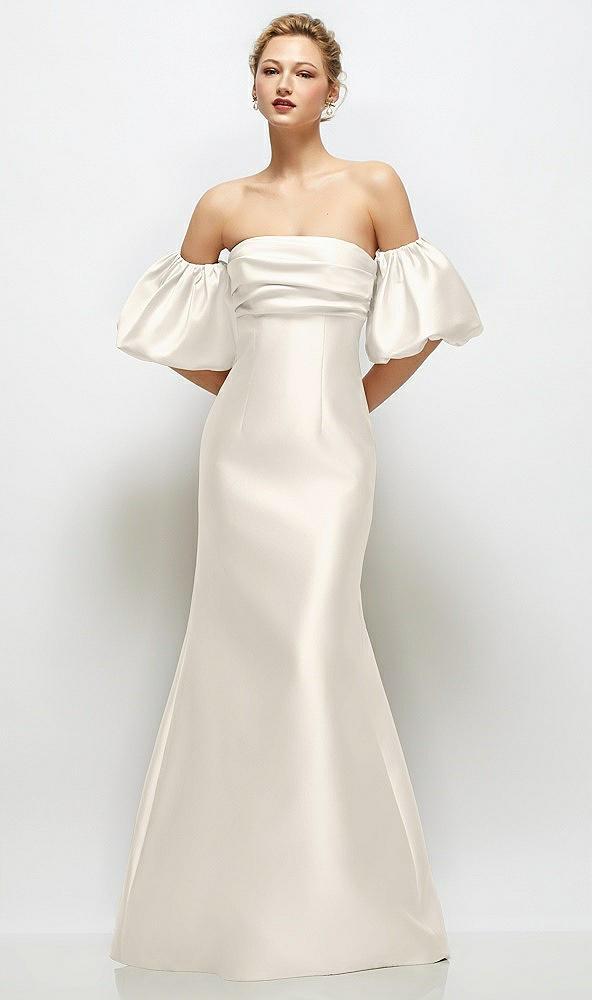 off-the-shoulder puff sleeve satin maxi dress with flared skirt