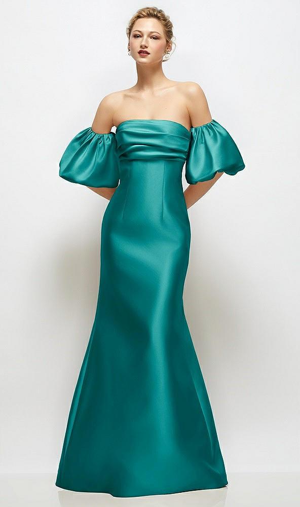 off-the-shoulder puff sleeve satin maxi dress with flared skirt