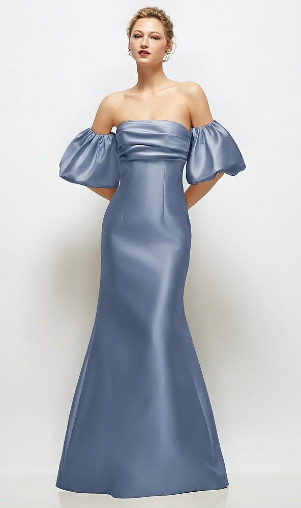 off-the-shoulder puff sleeve satin maxi dress with flared skirt